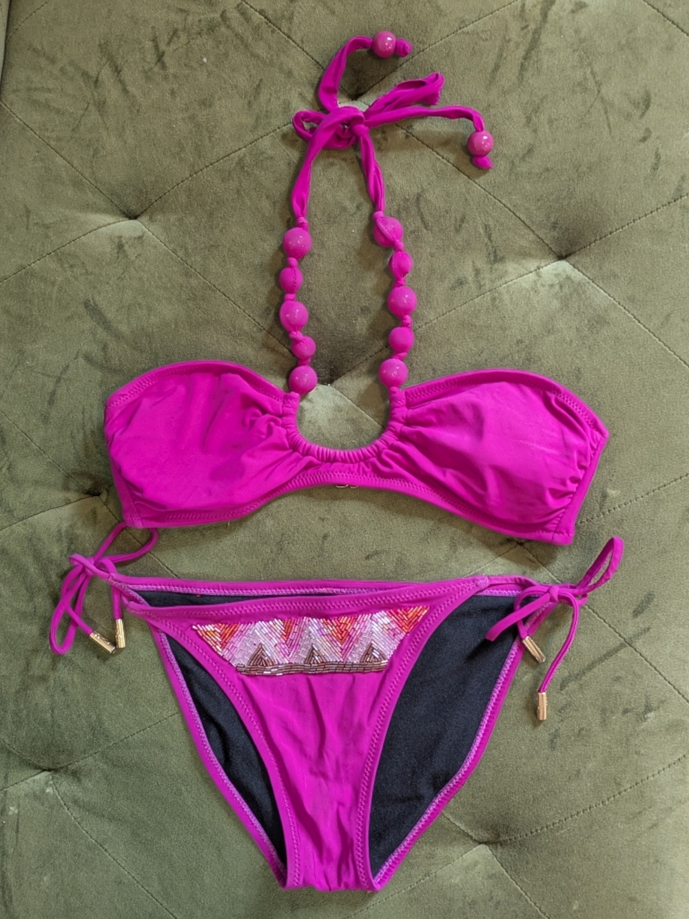 Red Carter Bikini Swimsuit Tribal Beaded Unique Size Small Sexy Vacation Purple